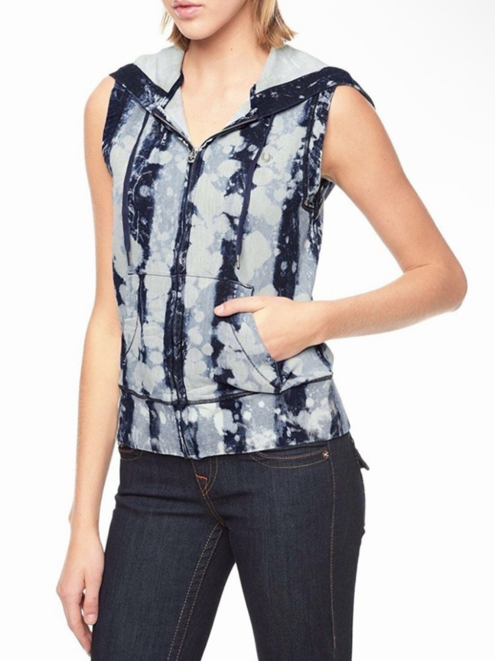 True Religion Navy and Light Blue Tie-Dye Sleeveless Zip Hoodie